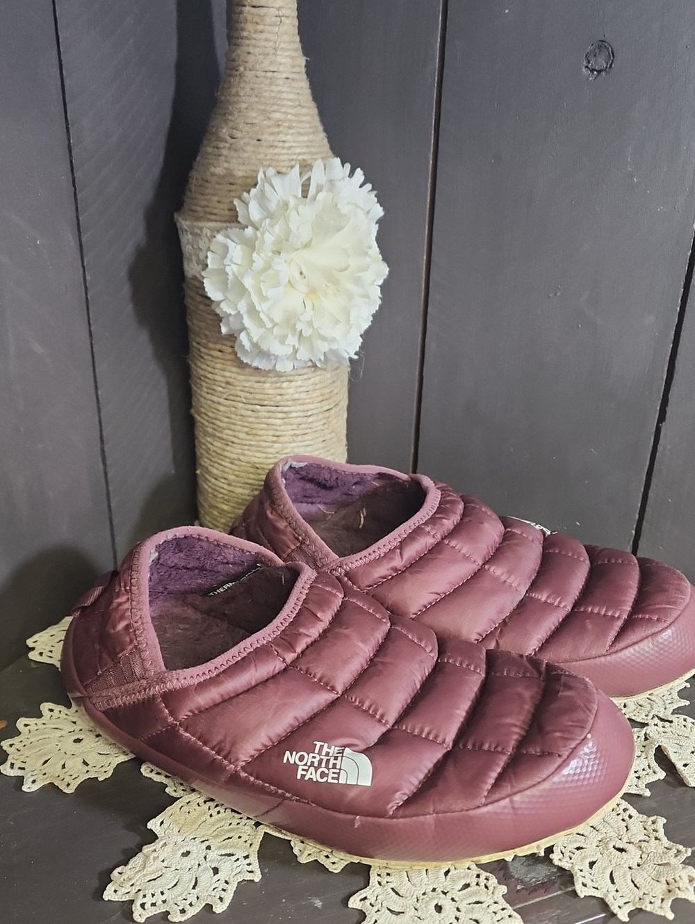 The North Face Quilted Slip-On Winter Clogs in Burgundy